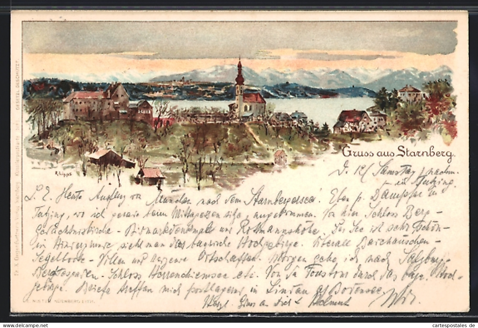 Künstler-AK Starnberg, Blick über Die Stadt Auf Den Starnberger See Und Die Alpen, Um 1900  - Starnberg
