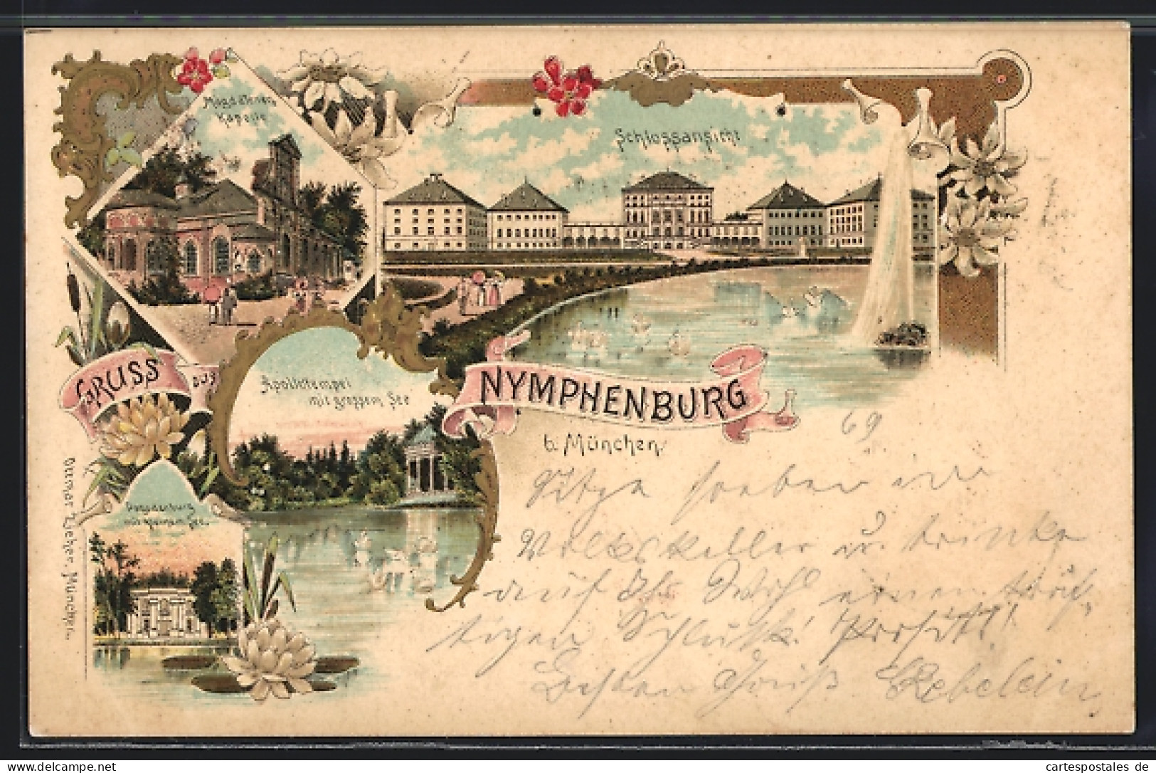 Lithographie Nymphenburg Bei München, Schlossansicht, Magdalenen-Kapelle  - Muenchen