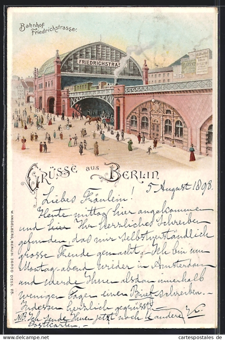 Lithographie Berlin, Bahnhof Friedrichstrasse, Passanten  - Mitte