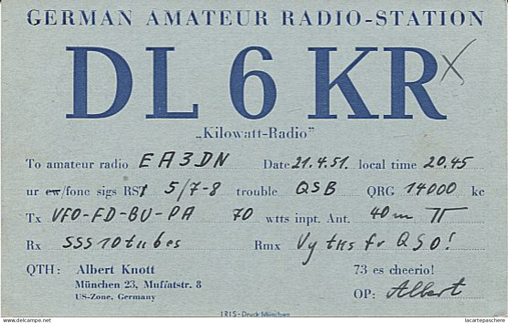 X120872 CARTE QSL RADIO AMATEUR DL6KR ALLEMAGNE GERMANY DEUTSCHLAND MUNCHEN US ZONE EN 1951 - Radio-amateur