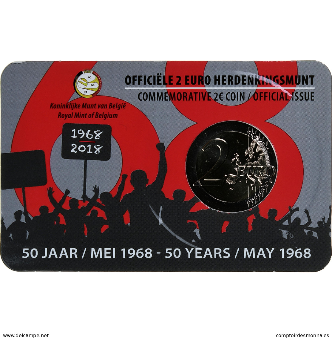 Belgique, 2 Euro, 50 Ans / Mai 1968, Coin Card, 2018, Bruxelles, Bimétallique - België