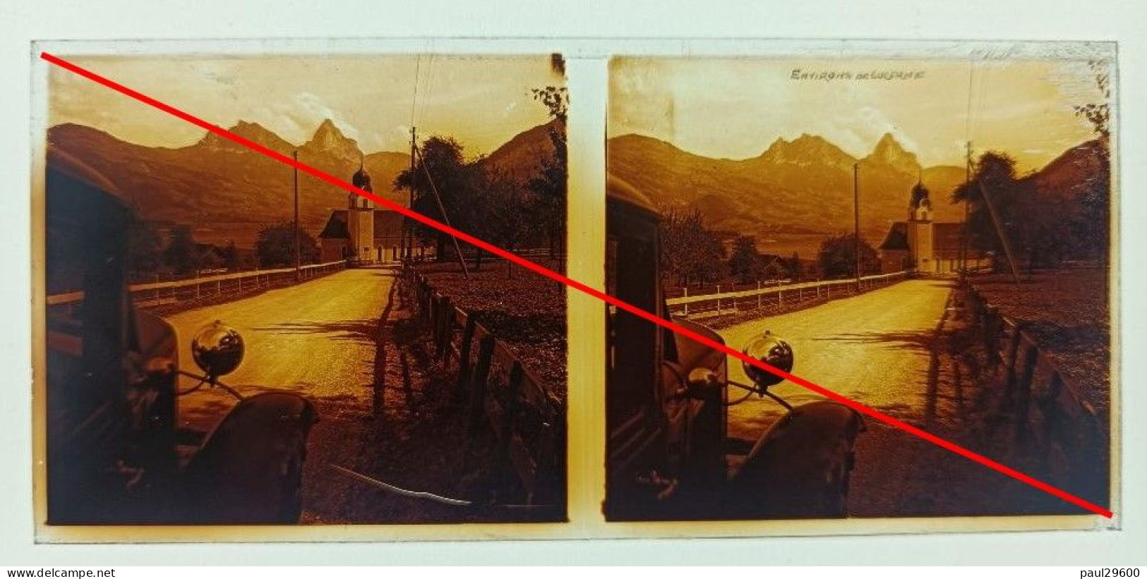 Photo Sur Plaque De Verre, Voiture, Route, Environs De Lucerne, Eglise De St Heinrich à Berkenried, Clôture, Années 1930 - Glasplaten