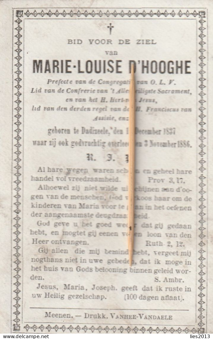 Dadizeel, Dadizele, 1886, Maria D'Hooghe, - Images Religieuses