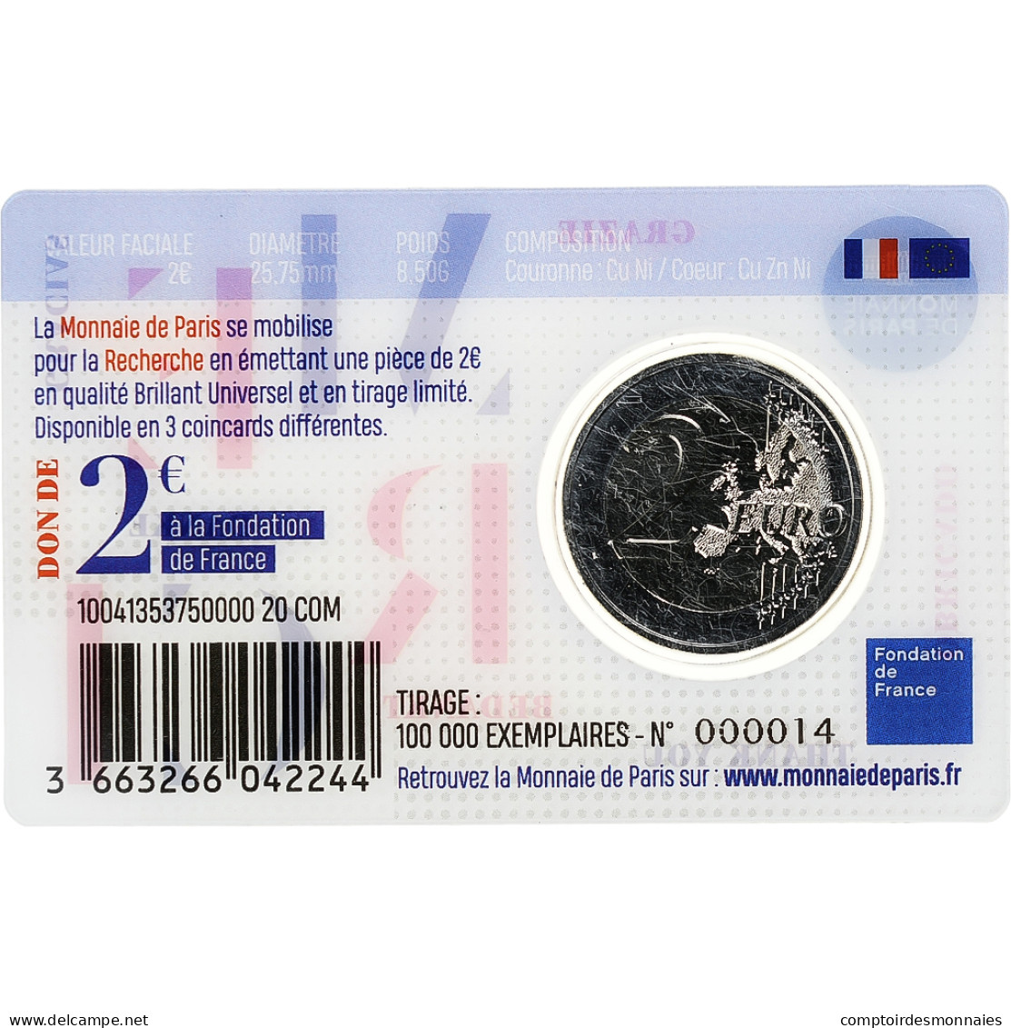 France, 2 Euro, Recherche Médicale, UNION, Coin Card, 2020, MDP, Bimétallique - France