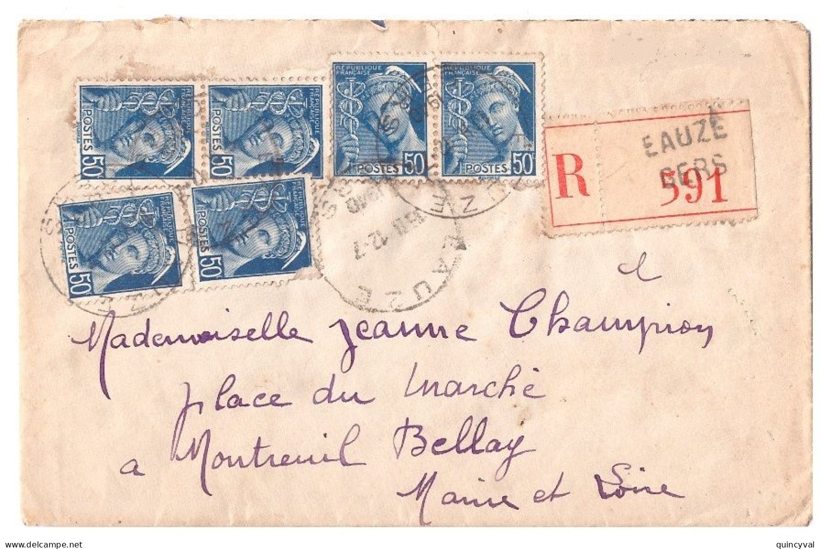 EAUZE Gers Lettre Recommandée 3,00 F  50c Mercure Yv 414A X 6  Ob 12 7 1940 Dest Montreuil Bellay - Covers & Documents