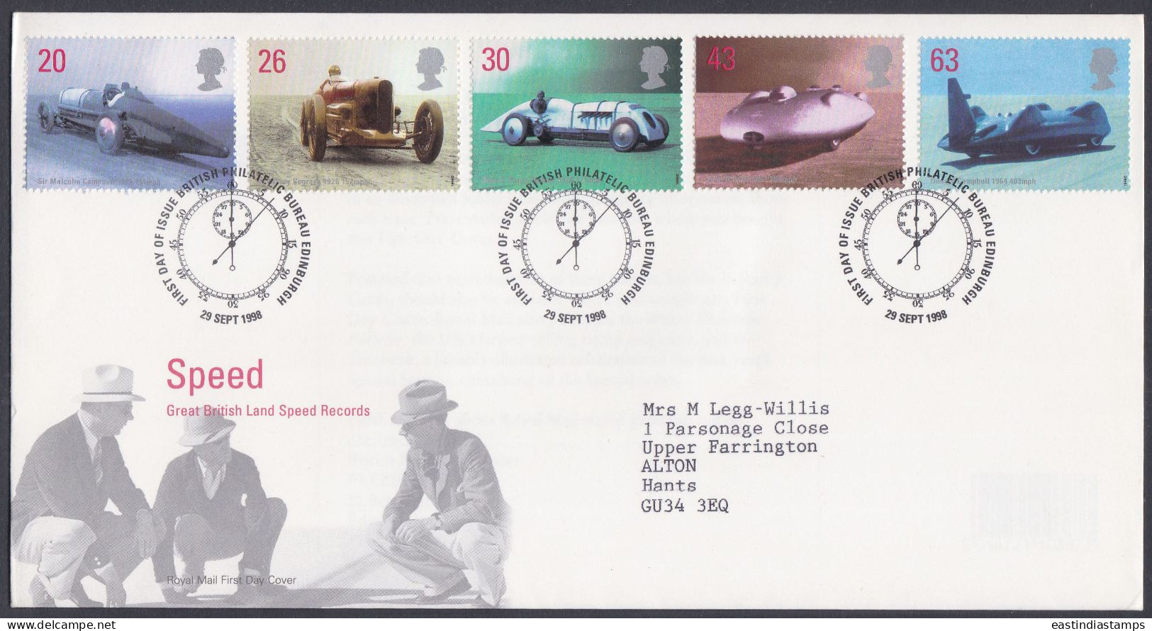 GB Great Britain 1998 FDC Speed, Car, Cars, Automobile, Land Speed Records, Pictorial Postmark, First Day Cover - Brieven En Documenten