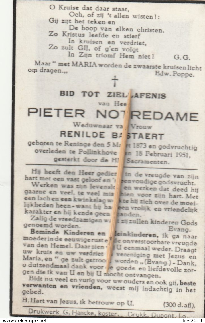 Reninge, Reninghe,Pollinkhove, 1951, Pieter Notrdame, Bastaert - Devotieprenten