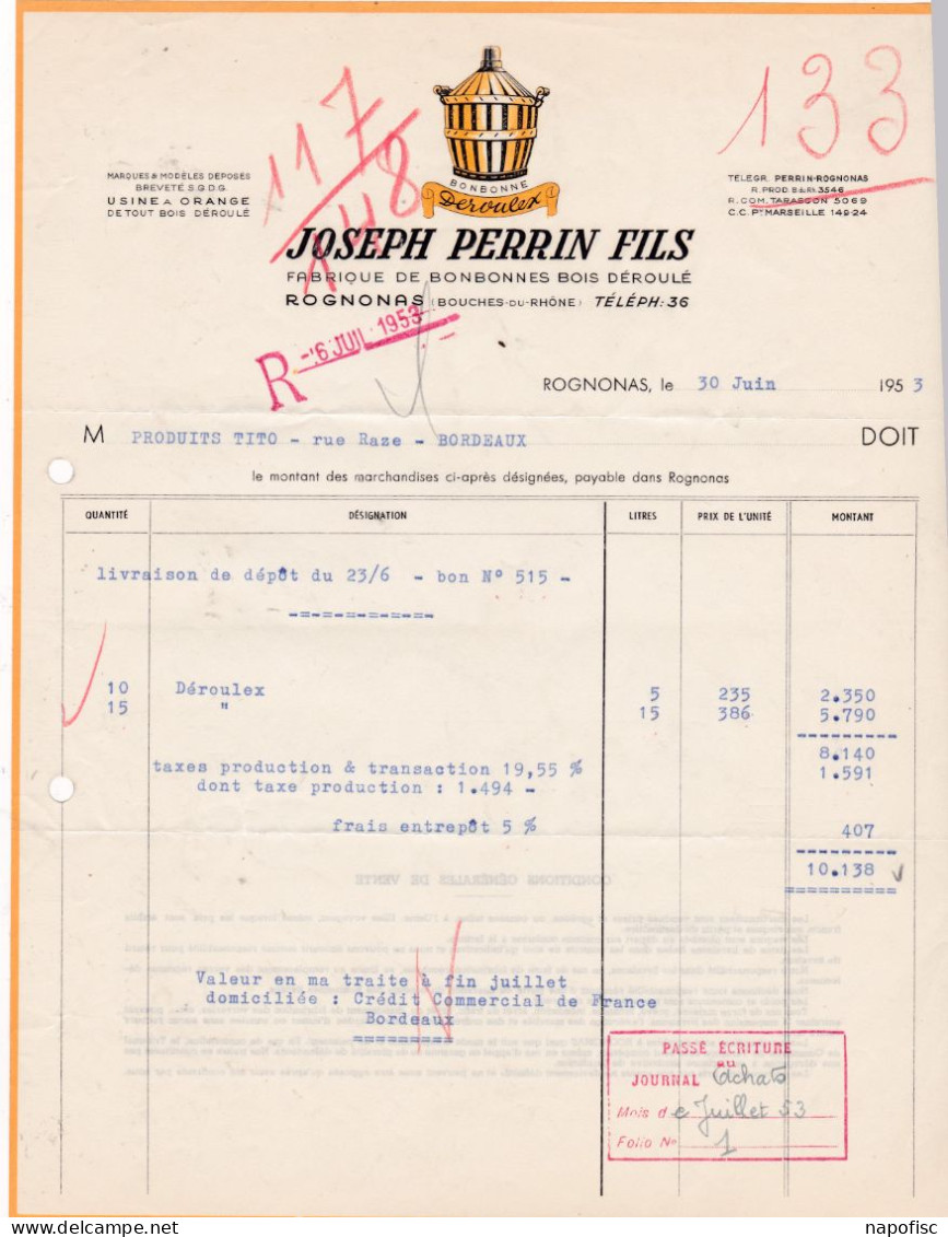 13-J.Perrin Fils..Fabrique De Bonbonnes Bois Déroulé,...Rognonas...(Bouches-du-Rhône)...1953 - Otros & Sin Clasificación