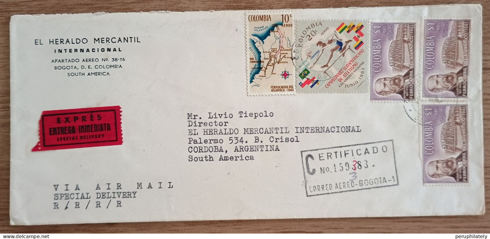 Colombia Registered Cover , El Heraldo Mercatil Internacional Sent To Argentina - Colombie