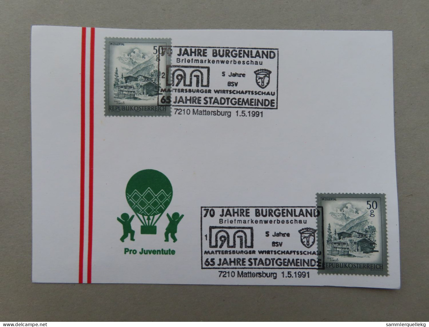 Österreich Pro Juventute - Mit Sonderstempel 1. 5. 1991 Mattersburg, 70 Jahre Burgenland (Nr.1030) - Sonstige & Ohne Zuordnung