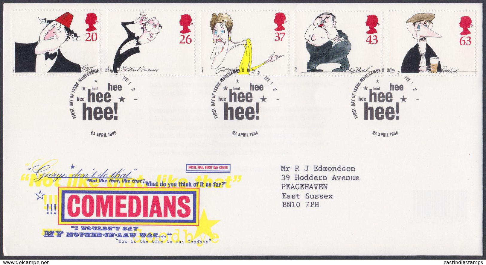 GB Great Britain 1998 FDC Comedian, Comedy, Theatre, Culture, Entertainment, Pictorial Postmark, First Day Cover - Brieven En Documenten