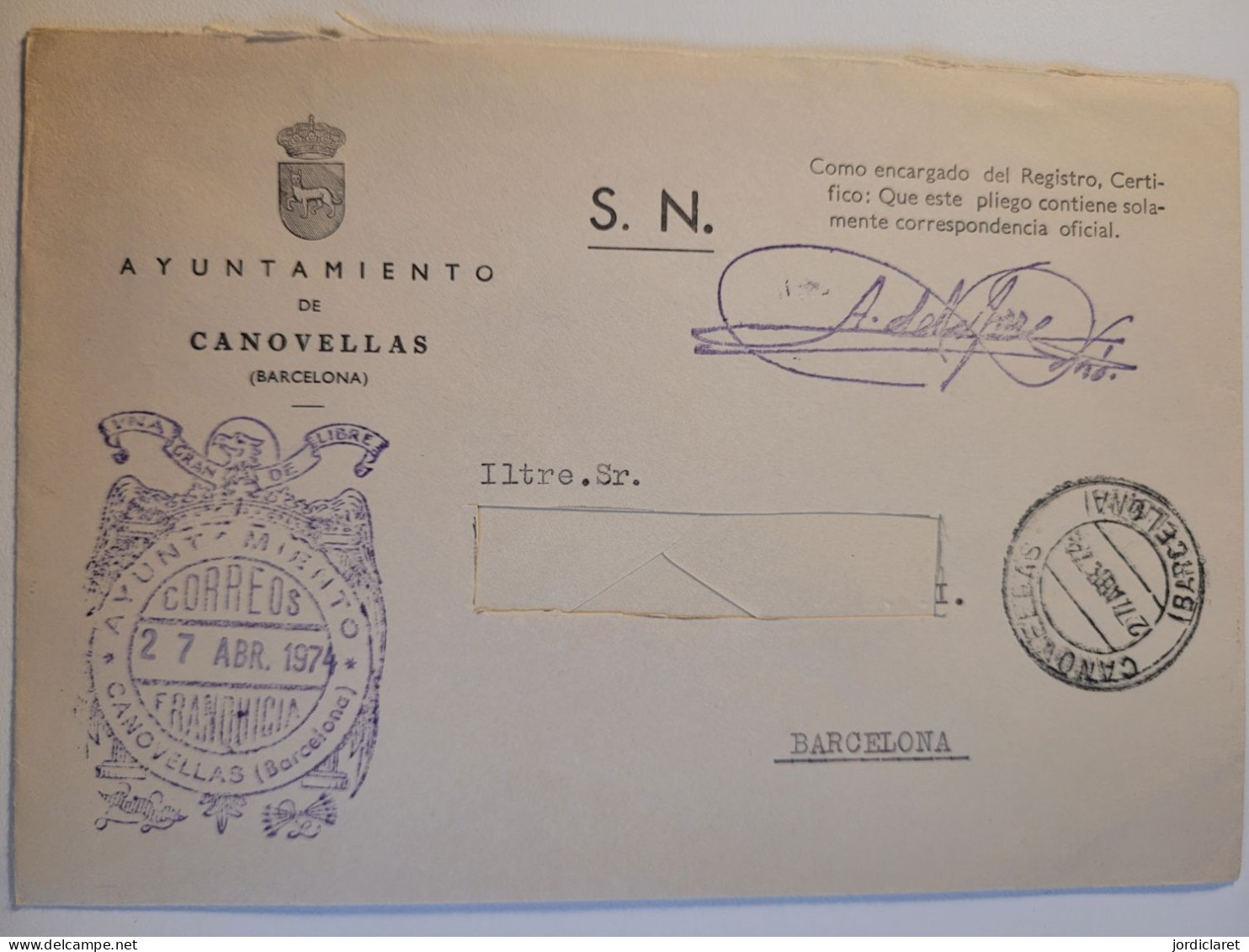 AYUNTAMIENTO DE CANOVELLAS 1974 - Franchigia Postale