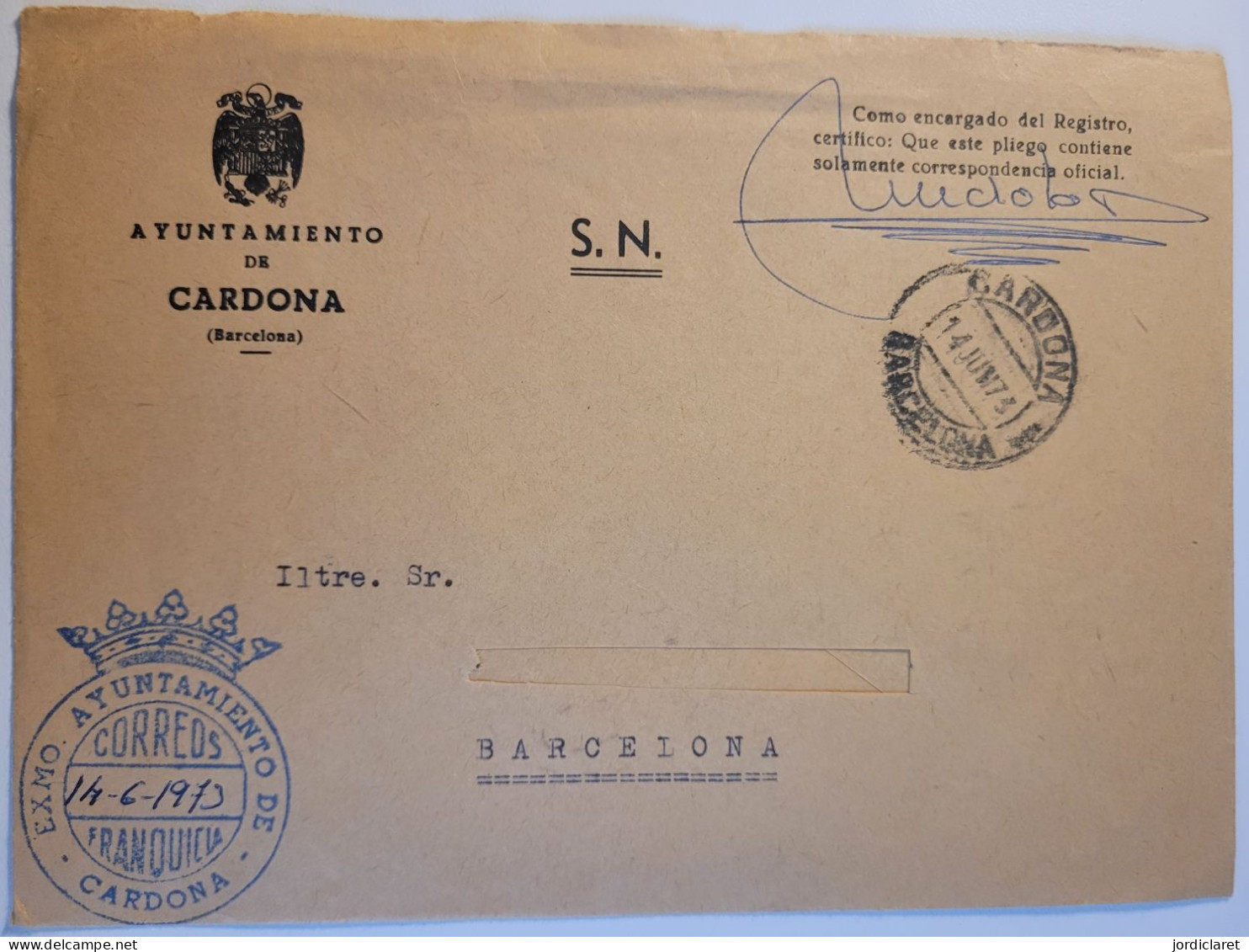 AYUNTAMIENTO DE CARDONA1973 - Franquicia Postal