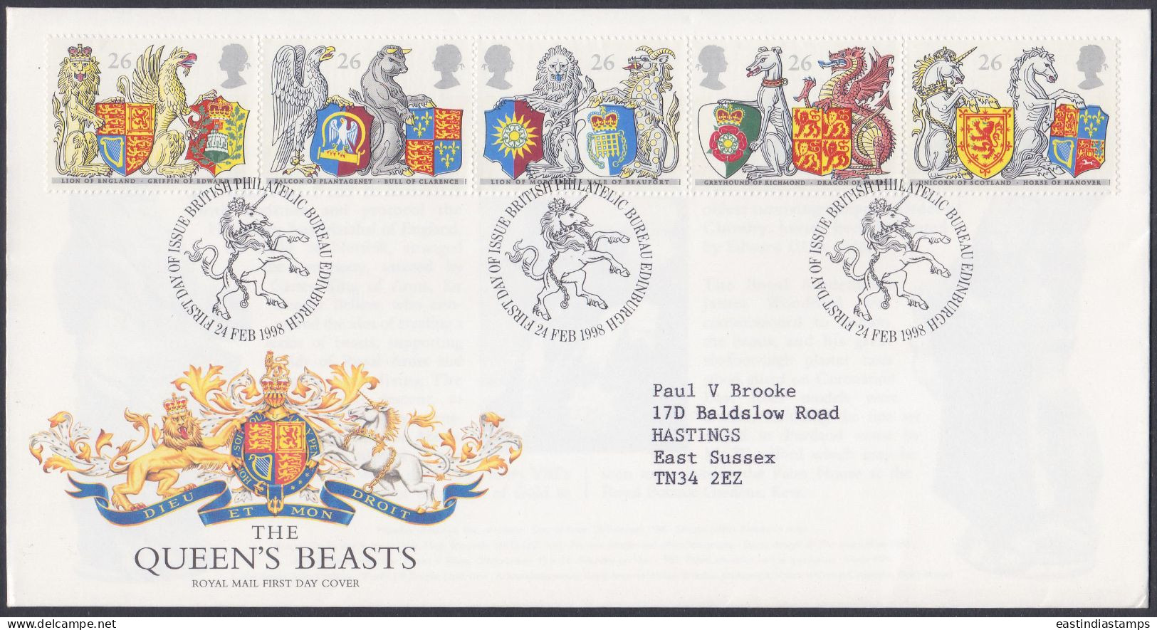 GB Great Britain 1998 FDC Queen's Beasts, Dragon, Horse, Lion, Unicorn, Falcon, Pictorial Postmark, First Day Cover - Lettres & Documents