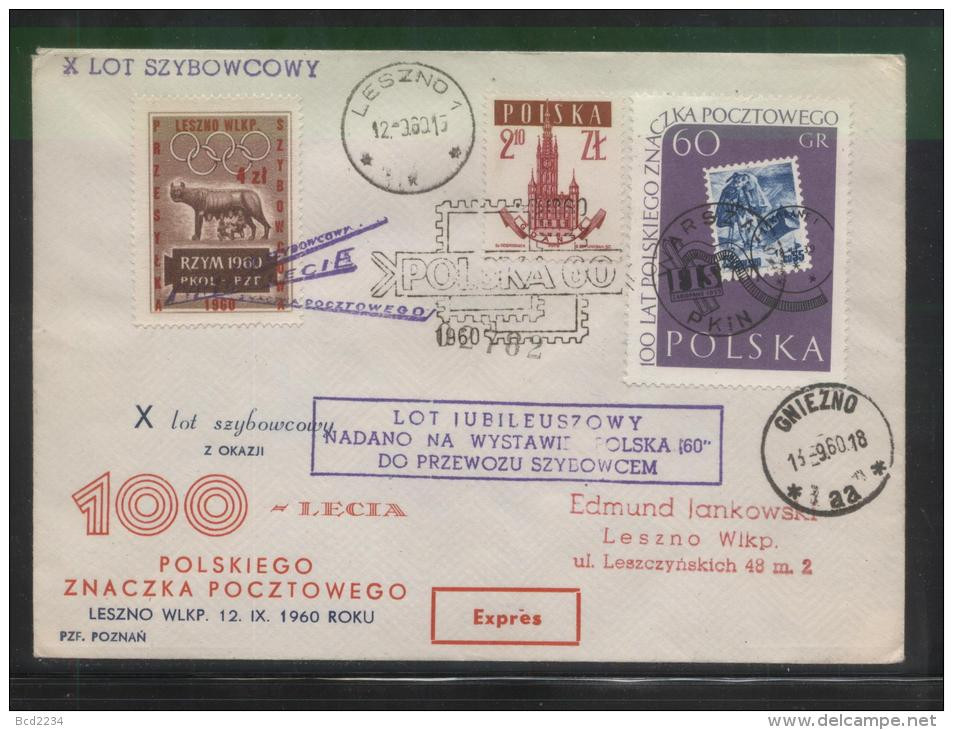 POLAND 1960 10TH GLIDER FLIGHT FLOWN COVER T1 100 YRS POLISH STAMP LESNO 1(k) GNIEZNO(aa) CDS BROWN OLYMPICS CINDERELLA - Ete 1960: Rome