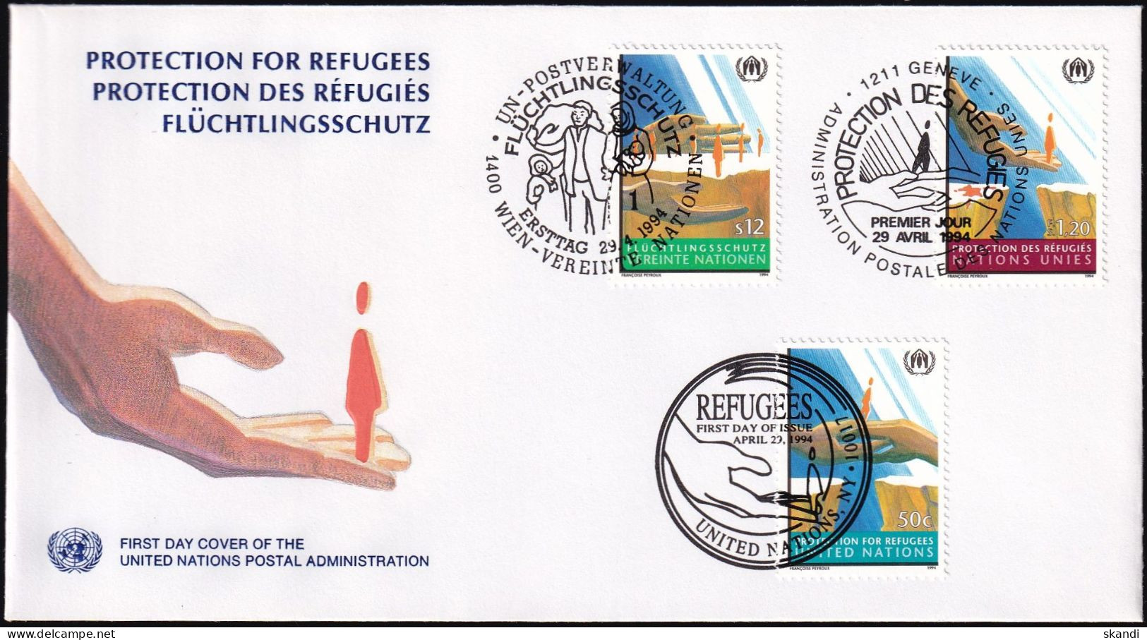 UNO NEW YORK - WIEN - GENF 1994 TRIO-FDC Flüchtlingsschutz - New York/Geneva/Vienna Joint Issues