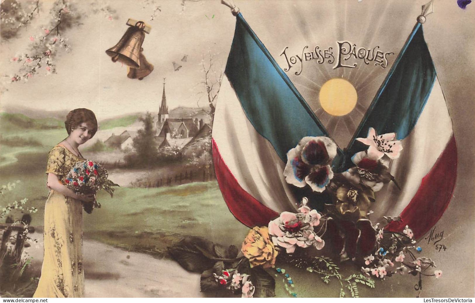 FETES ET VOEUX - Pâques -  Une Femme Tenant Un Bouquet De Roses - Colorisé - Carte Postale Ancienne - Pascua