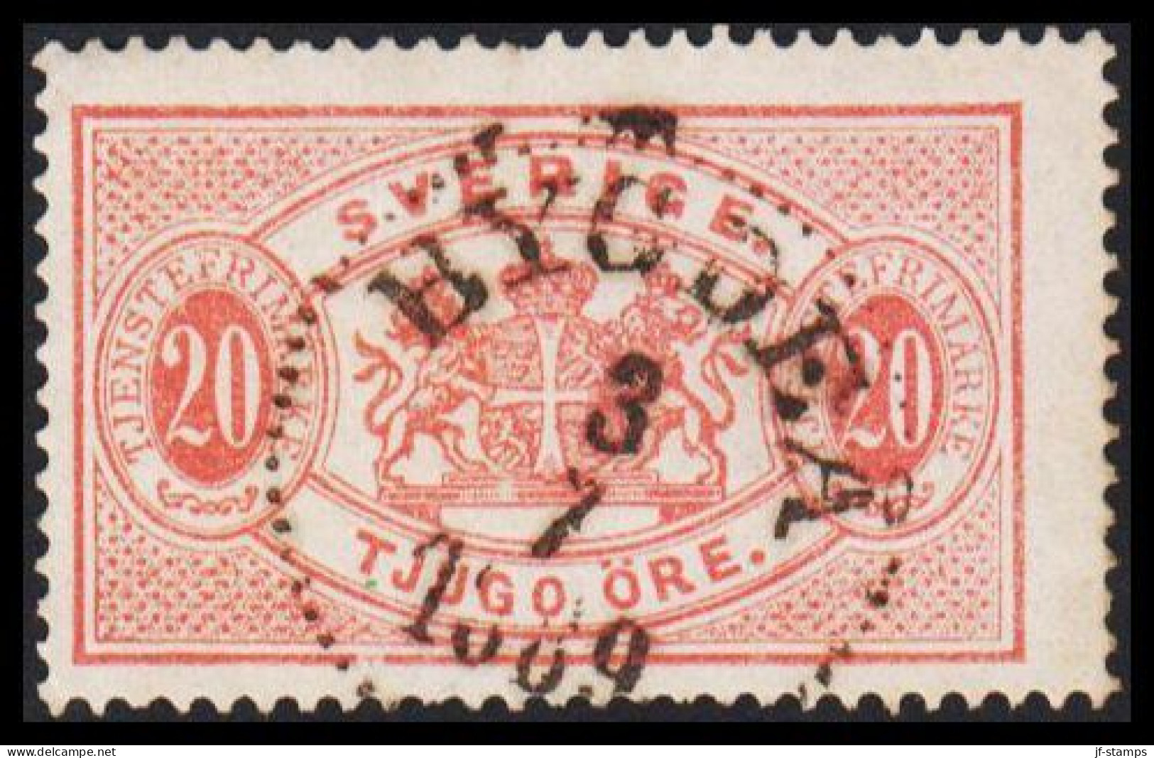 1877-1882. Coat-of-Arms. Perf. 13. 20 ÖRE CANCELLED BYGDEÅ 3 7 1889. (Michel Di. 7Ba) - JF545217 - Oficiales