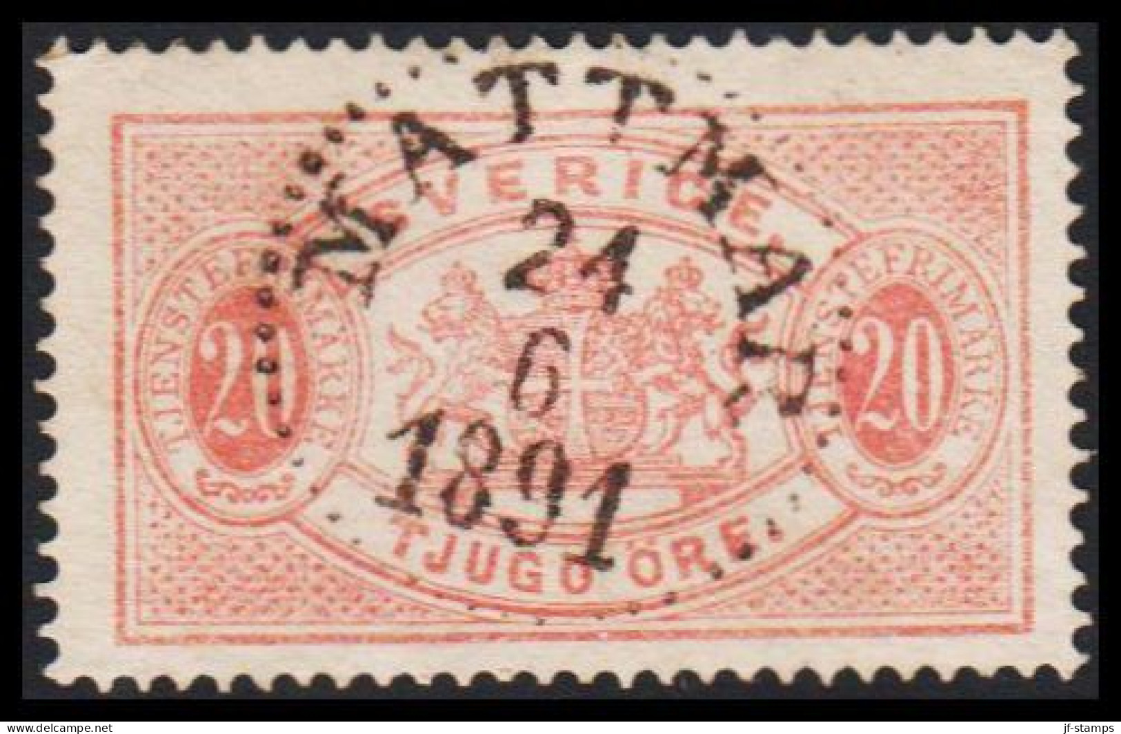 1877-1882. Coat-of-Arms. Perf. 13. 20 ÖRE CANCELLED MATTMAR 24 6 1891. (Michel Di. 7Ba) - JF545218 - Officials