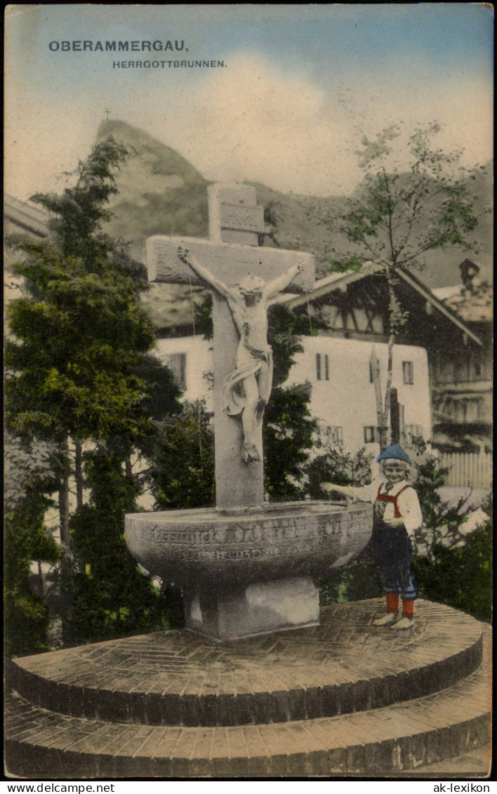 Ansichtskarte Oberammergau Junge In Tracht Vor Dem Herrgottsbrunnen 1908 - Oberammergau