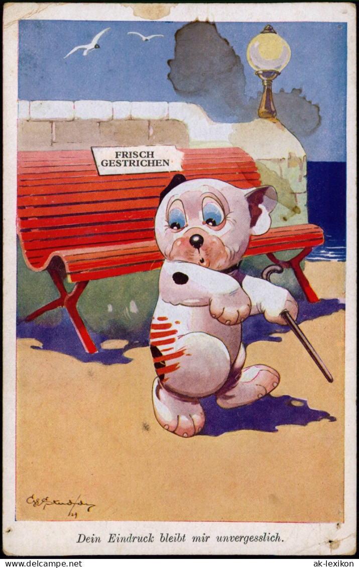 Ansichtskarte  Scherzkarte Hund Frisch Gestrichene Bank 1912 - Humour