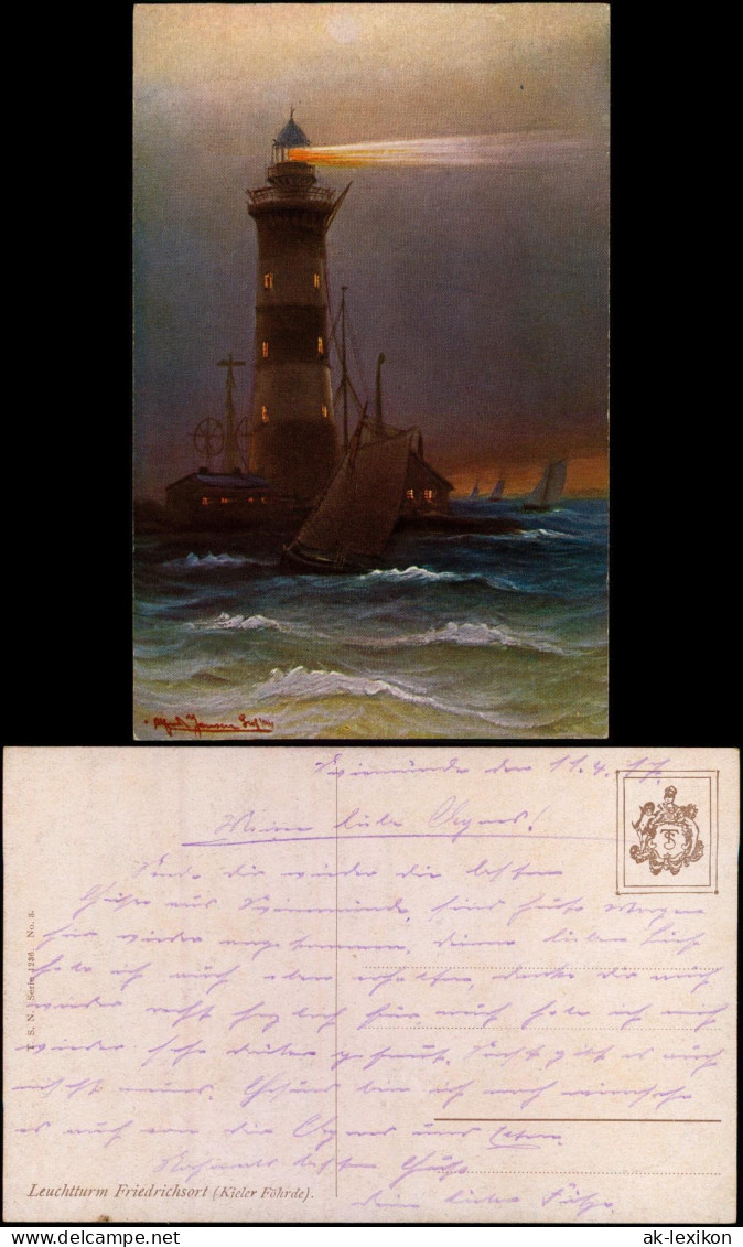 Friedrichsort-Kiel Leuchtturm Bei Nacht Segelboot Künstlerkarte 1915 - Altri & Non Classificati