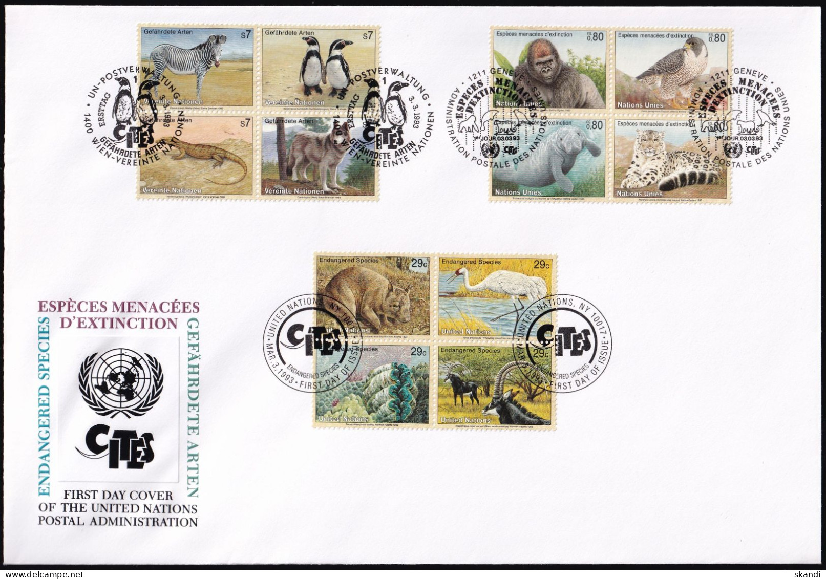 UNO NEW YORK - WIEN - GENF 1993 TRIO-FDC Gefährdete Arten - Emisiones Comunes New York/Ginebra/Vienna