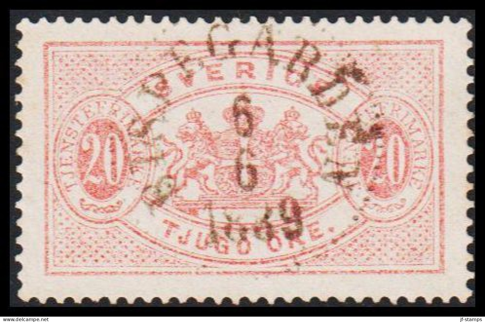 1877-1882. Coat-of-Arms. Perf. 13. 20 ÖRE CANCELLED BISPEGÅRDEN 6 6 1889 (Michel Di. 7Ba) - JF545222 - Dienstmarken