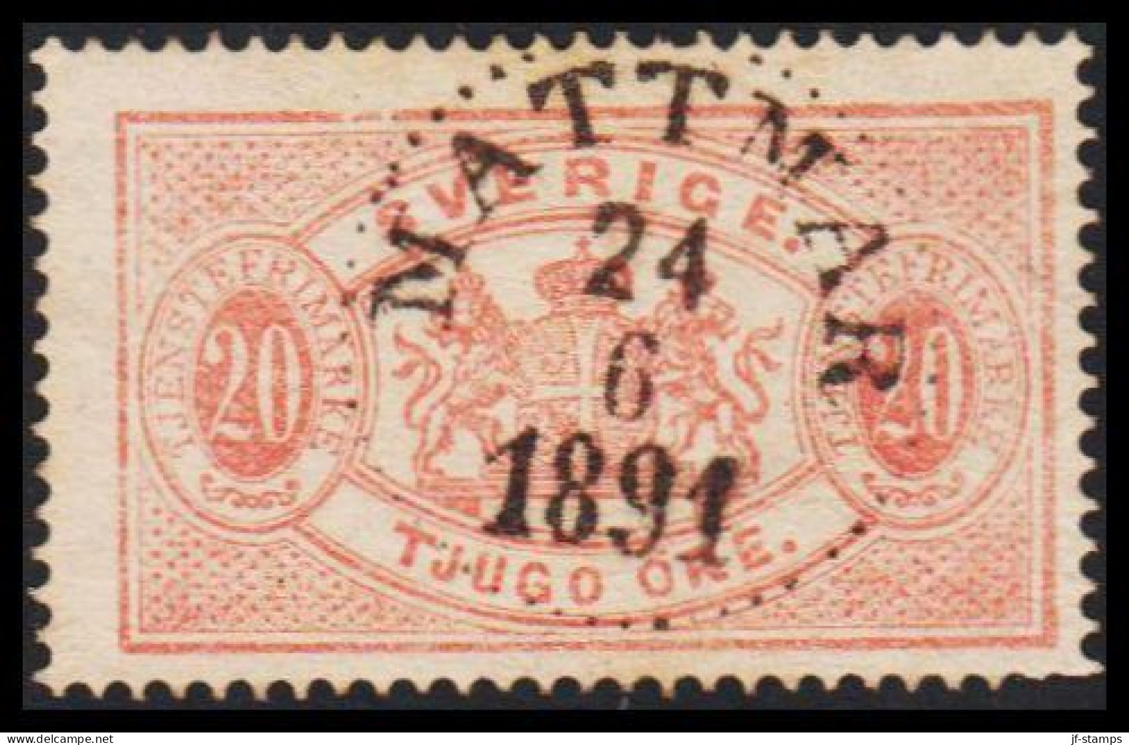 1877-1882. Coat-of-Arms. Perf. 13. 20 ÖRE CANCELLED MATTMAR 24 6 1891. (Michel Di. 7Ba) - JF545223 - Servizio