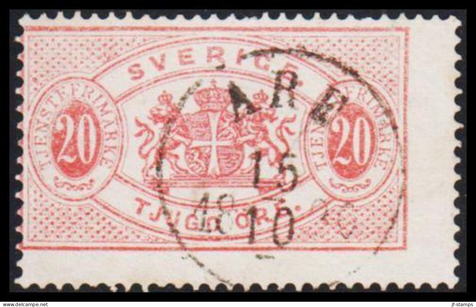 1877-1882. Coat-of-Arms. Perf. 13. 20 ÖRE CANCELLED ÅRE 15 10 1890. (Michel Di. 7Ba) - JF545224 - Officials