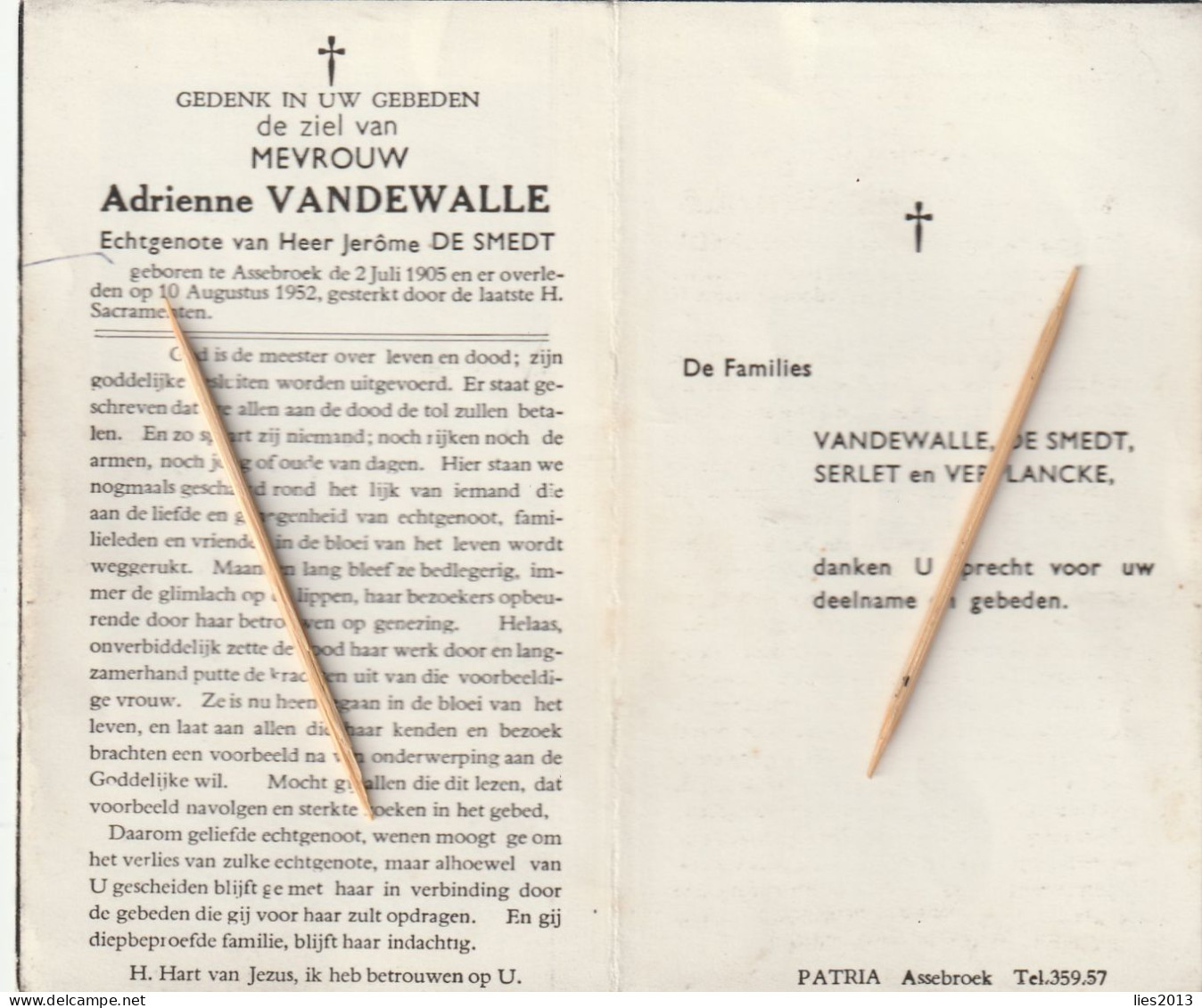 Assebroek, 1952, Adrienne Van De Walle, De Smedt - Images Religieuses