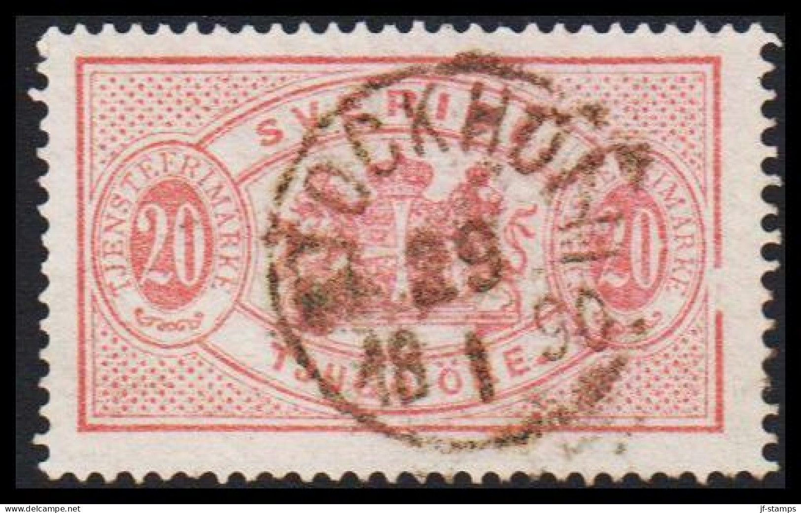 1877-1882. Coat-of-Arms. Perf. 13. 20 ÖRE CANCELLED STOCKHOLM 29 1 1890. Variety Broken F... (Michel Di. 7Ba) - JF545229 - Dienstzegels