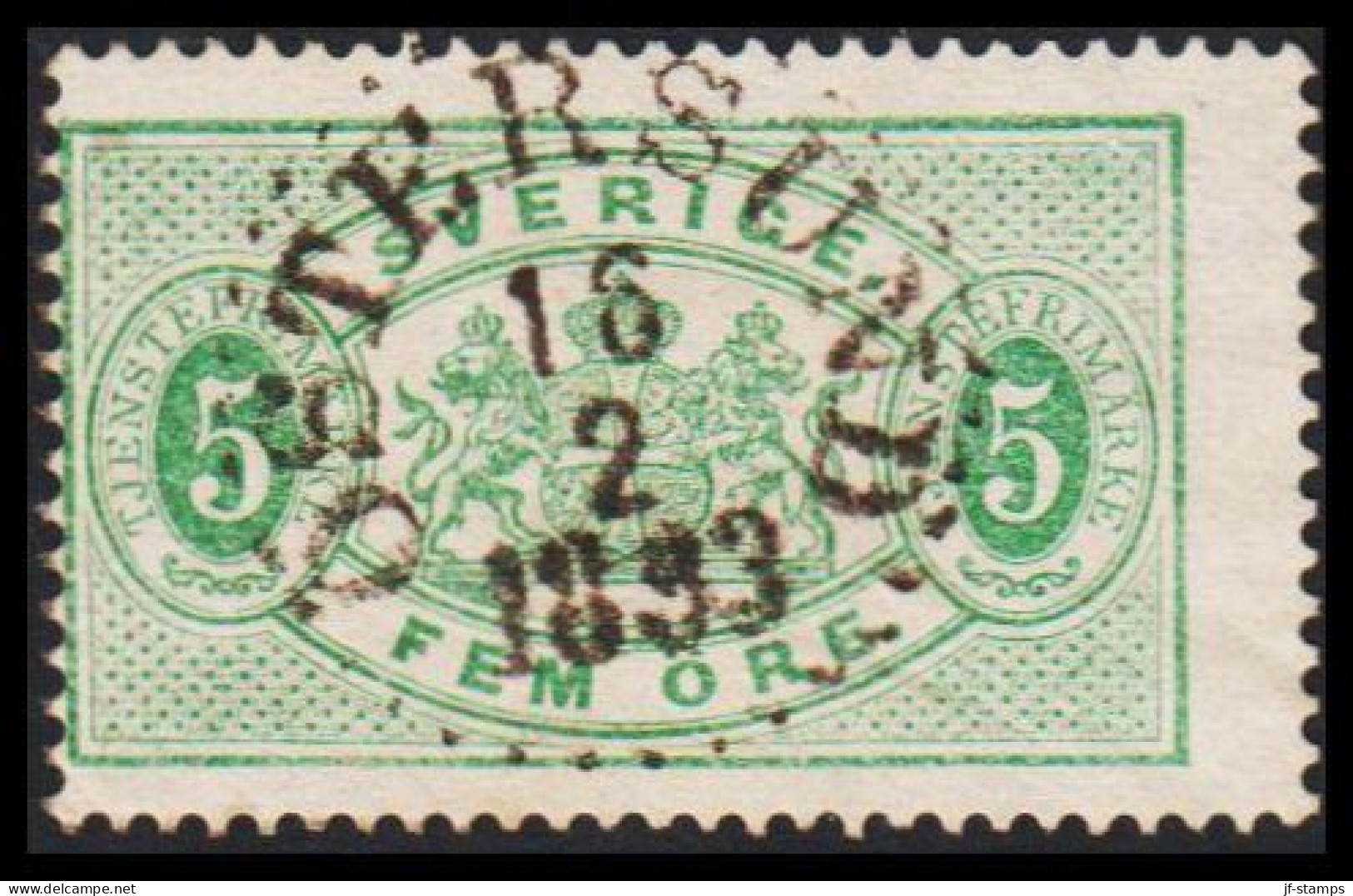 1877-1882. Coat-of-Arms. Perf. 13. 5 öre Green Luxus Cancelled ÖSTERSUND 16 2 1893. (Michel D. 3B) - JF545230 - Servizio