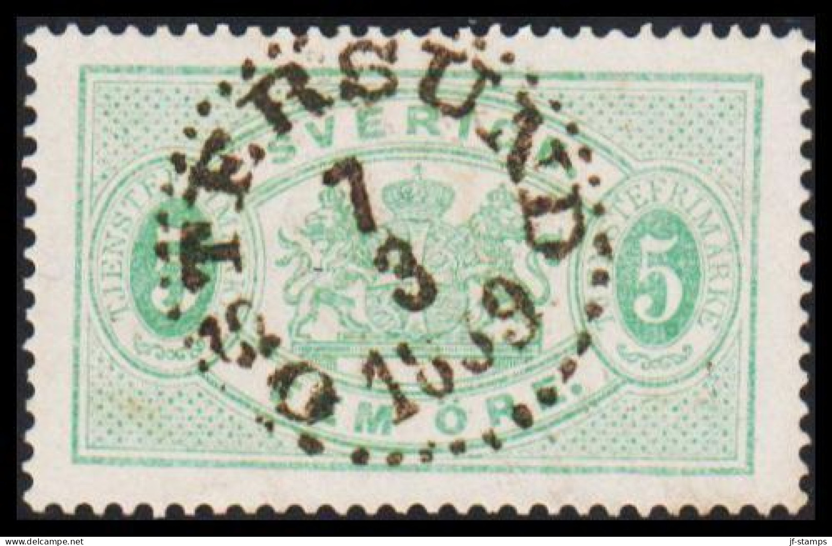 1877-1882. Coat-of-Arms. Perf. 13. 5 öre Green Luxus Cancelled ÖSTERSUND 7 3 1889. (Michel D. 3B) - JF545231 - Servizio