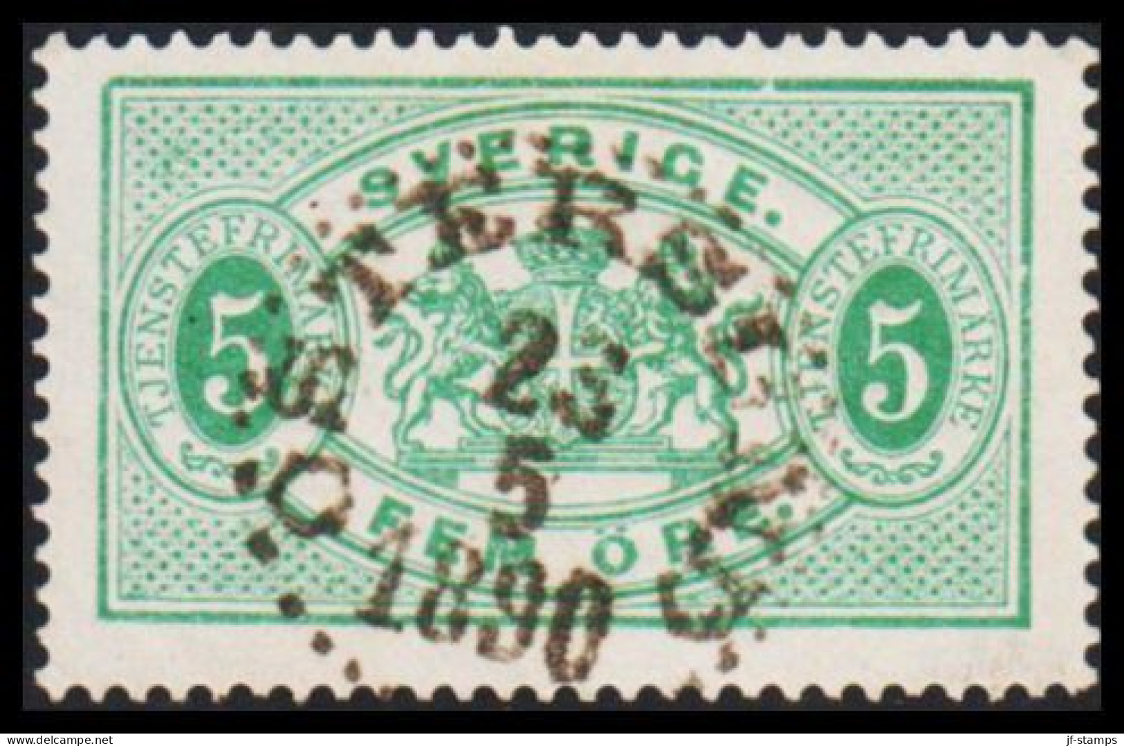 1877-1882. Coat-of-Arms. Perf. 13. 5 öre Green Luxus Cancelled ÖSTERSUND 23 5 1890. (Michel D. 3B) - JF545232 - Dienstmarken