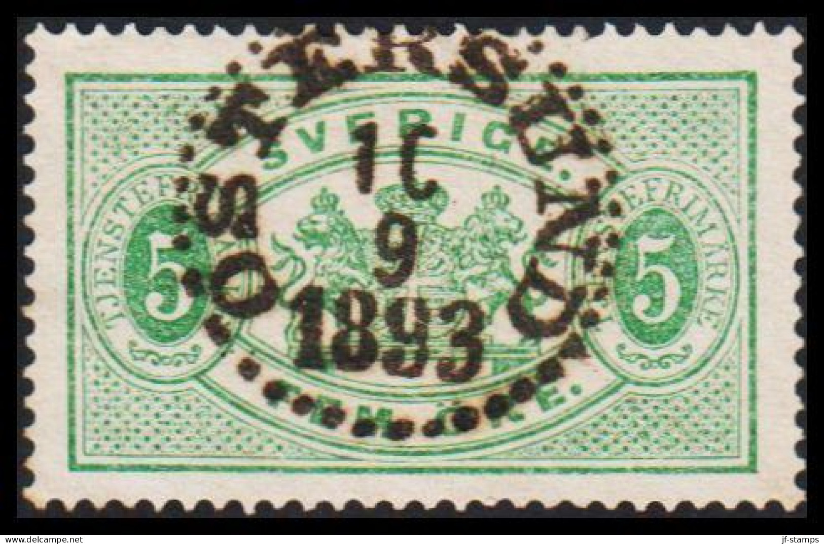 1877-1882. Coat-of-Arms. Perf. 13. 5 öre Green Luxus Cancelled ÖSTERSUND 10 9 1893. (Michel D. 3B) - JF545233 - Servizio