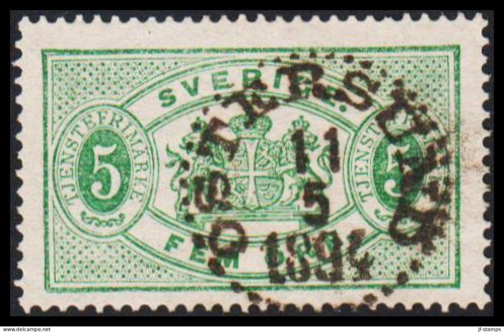 1877-1882. Coat-of-Arms. Perf. 13. 5 öre Green Luxus Cancelled ÖSTERSUND 11 5 1894. (Michel D. 3B) - JF545234 - Dienstmarken