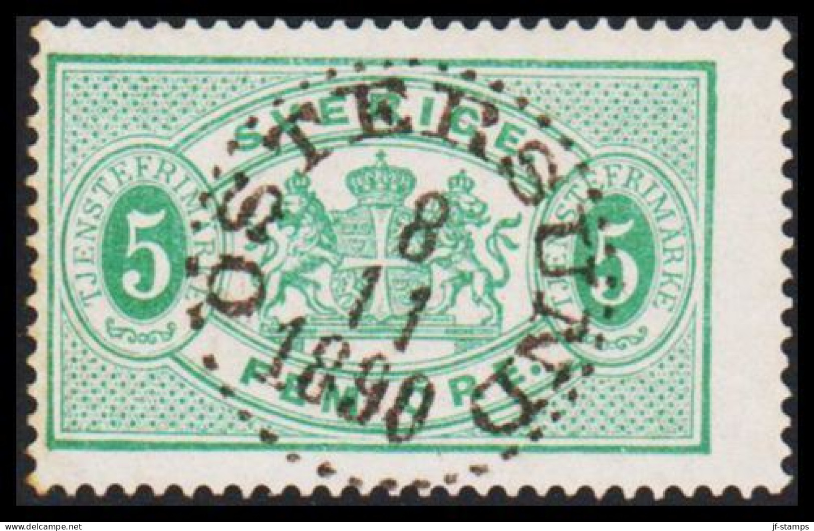 1877-1882. Coat-of-Arms. Perf. 13. 5 öre Green Luxus Cancelled ÖSTERSUND 8 11 1890. (Michel D. 3B) - JF545235 - Officials