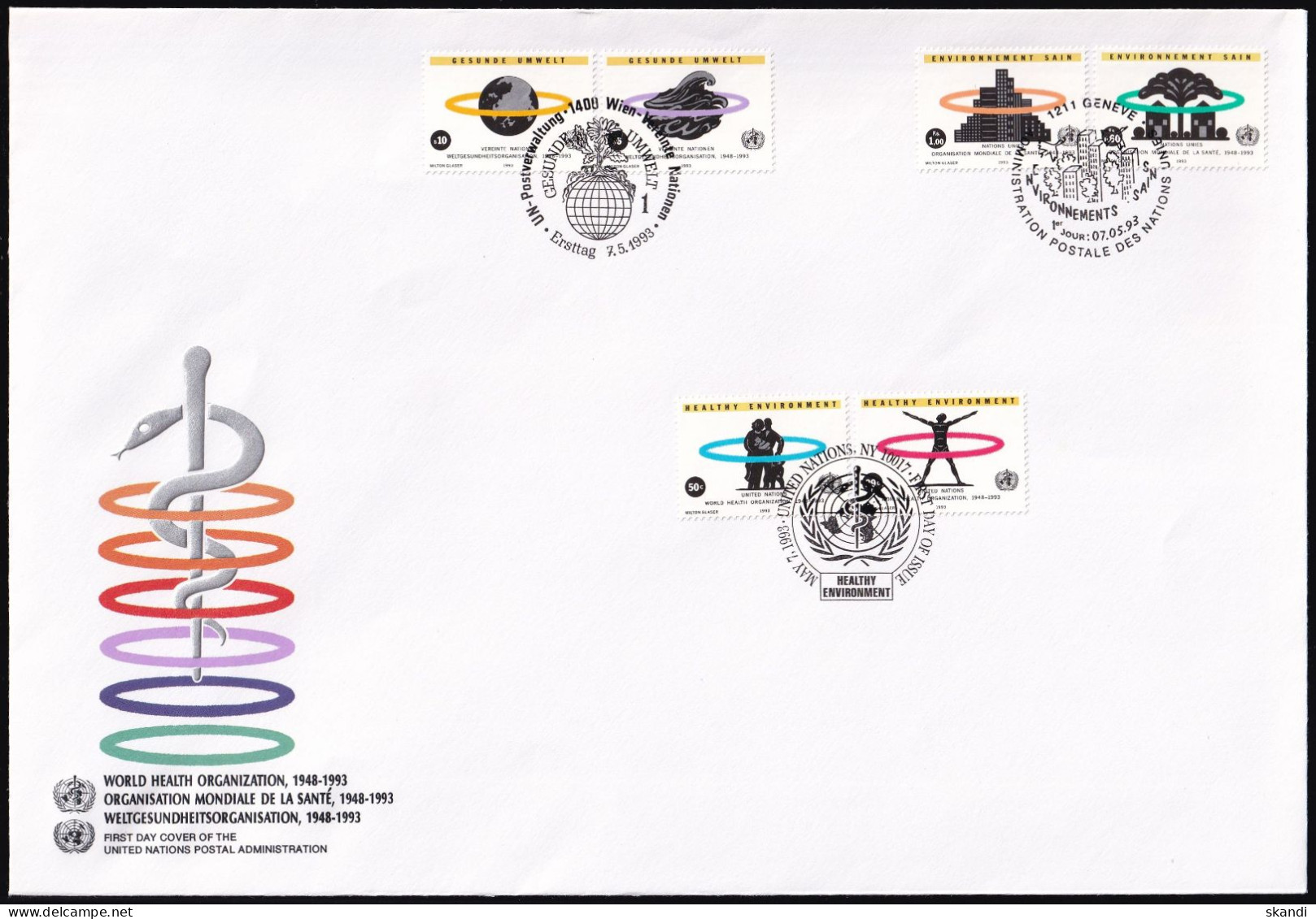 UNO NEW YORK - WIEN - GENF 1993 TRIO-FDC Weltgesundheitsorganisation - New York/Geneva/Vienna Joint Issues