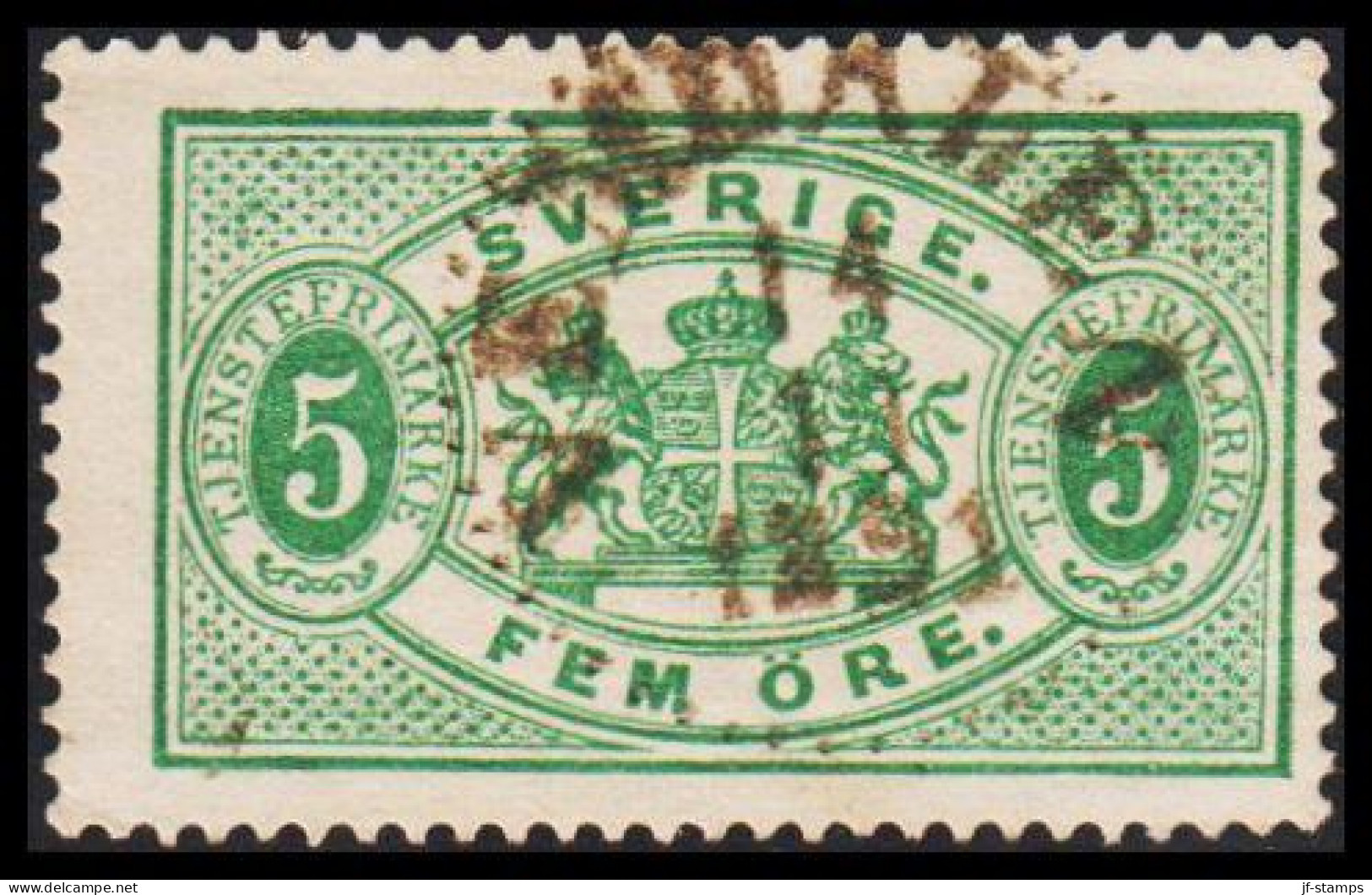 1877-1882. Coat-of-Arms. Perf. 13. 5 öre Green With Variety Broken Frame At Upper Left. (Michel D. 3B) - JF545236 - Dienstzegels