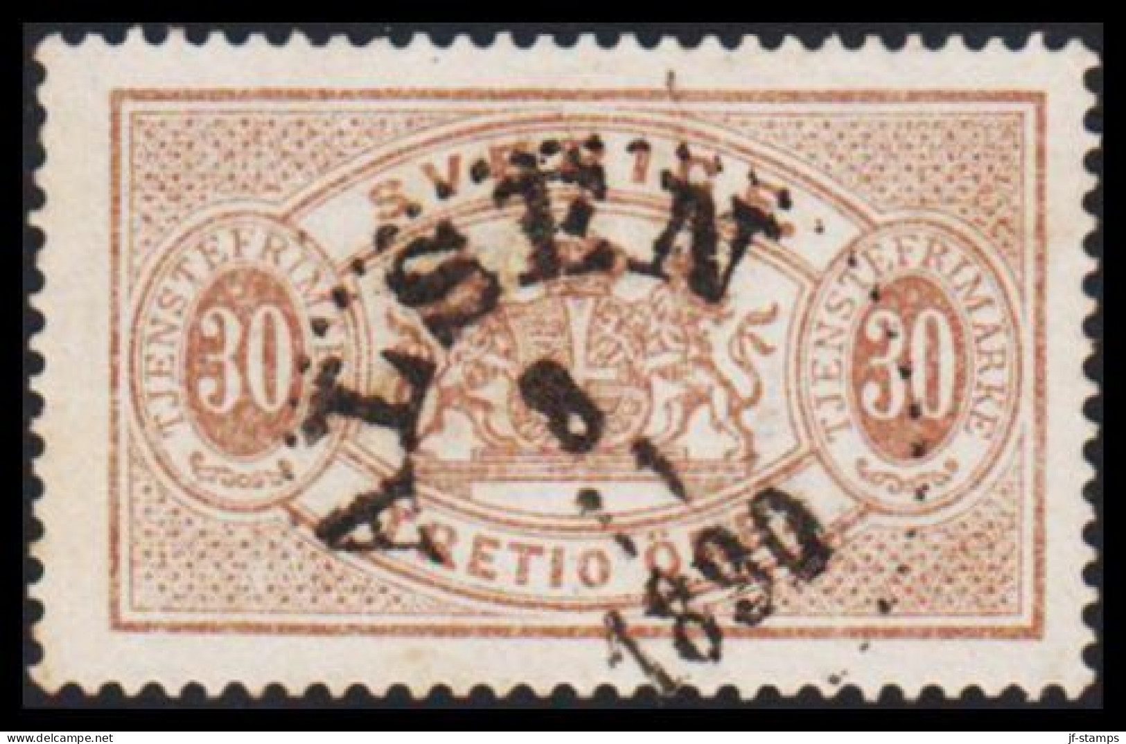 1877-1882. SVERIGE. Coat-of-Arms. Perf. 13. 30 ÖRE Cancelled ALSEN 8 11 1890 (Michel D. 9B) - JF545237 - Service