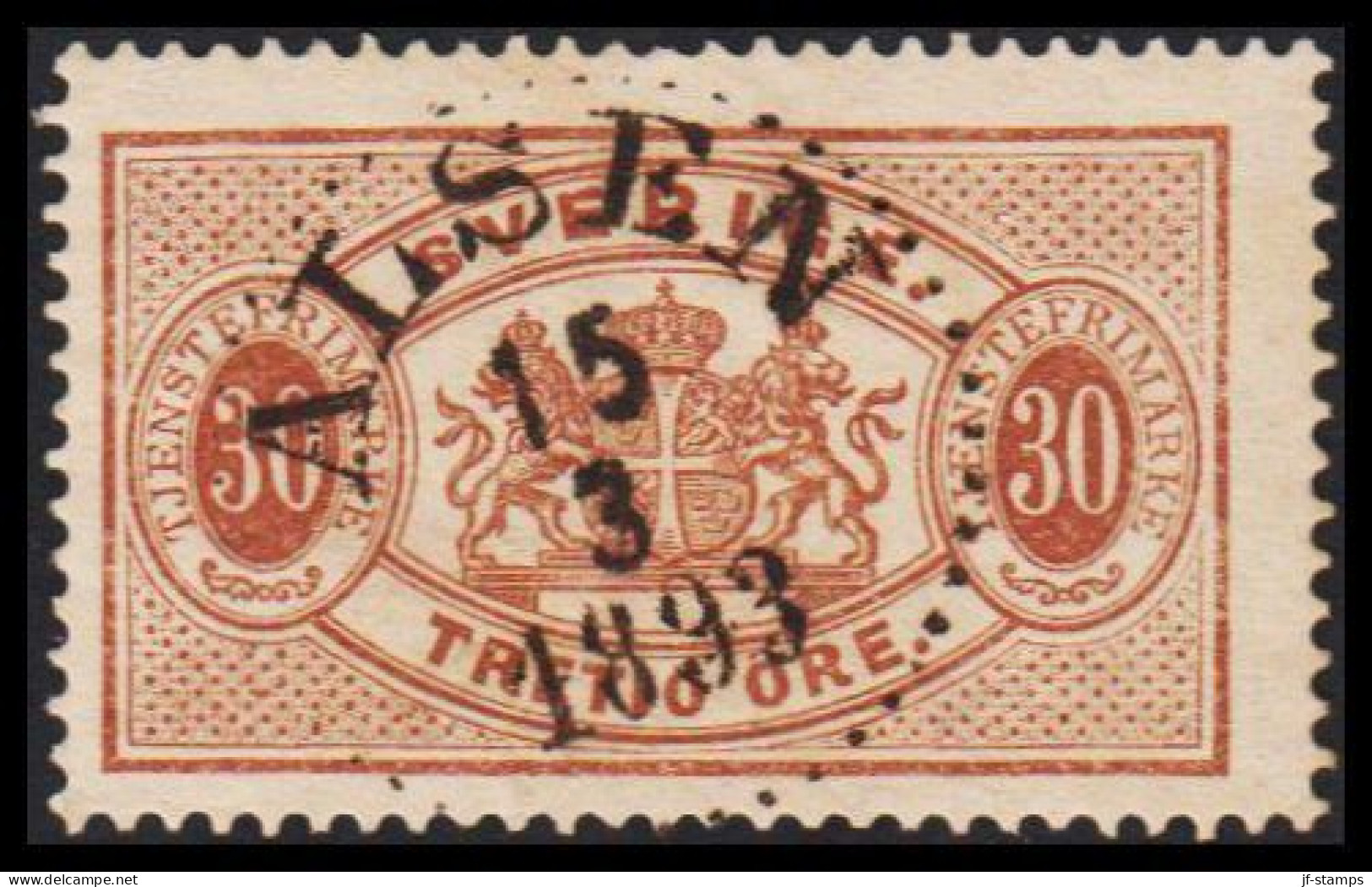 1877-1882. SVERIGE. Coat-of-Arms. Perf. 13. 30 ÖRE Cancelled ALSEN 15 3 1893. (Michel D. 9B) - JF545238 - Dienstzegels