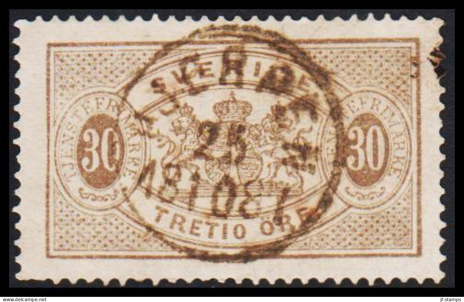 1877-1882. SVERIGE. Coat-of-Arms. Perf. 13. 30 ÖRE Cancelled HJERPEN 25 10 1887. (Michel D. 9B) - JF545240 - Servizio