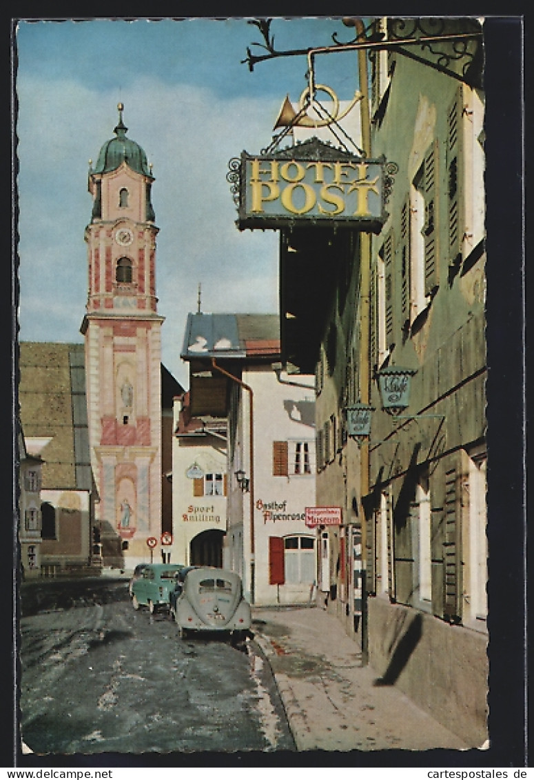 AK Mittenwald, Strassenpartie Mit Hotel Post Und Gasthof Alpenrose  - Mittenwald