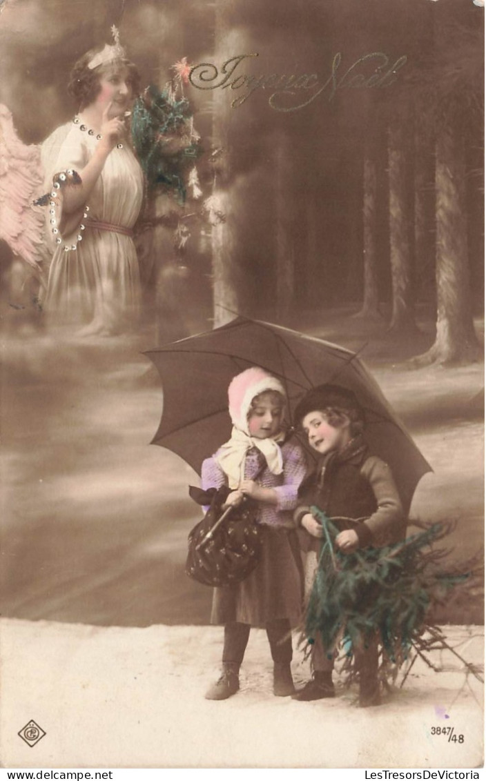 FETES ET VOEUX - Noël - Deux Enfants Sous Un Parapluie - Colorisé - Carte Postale Ancienne - Other & Unclassified