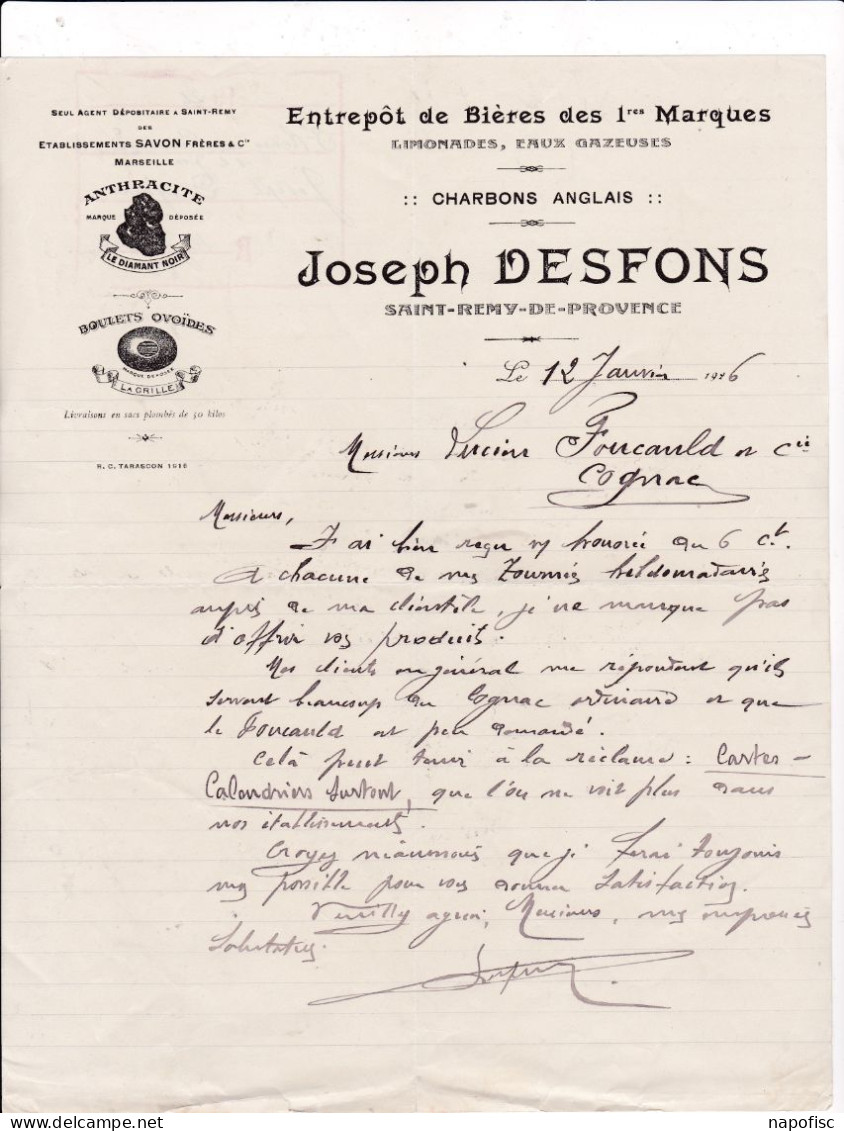 13-J.Desfons..Entrepôt De Bières Des 1 ères Marques, Limonades,...Saint-Rémy-de-Provence...(Bouches-du-Rhône)...1926 - Sonstige & Ohne Zuordnung