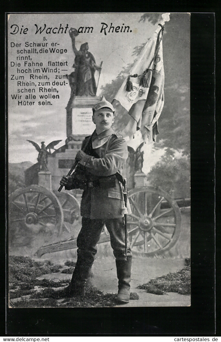 AK Wacht Am Rhein, Soladt M. Fahne Vor Geschütz  - War 1914-18