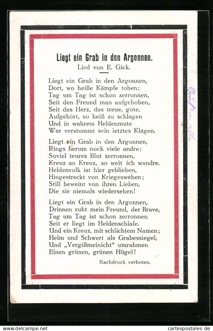 AK Liegt Ein Grab In Den Argonnen, Lied Von E. Gick  - War 1914-18