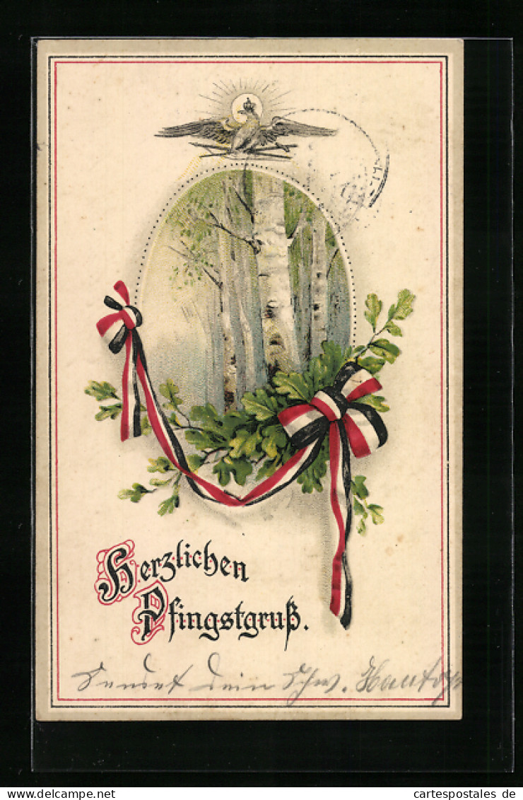 AK Pfingstgruss, Birkenwald Mit Schleife, Reichskriegsflagge  - War 1914-18