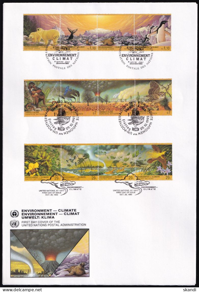 UNO NEW YORK - WIEN - GENF 1993 TRIO-FDC Umwelt - Klima - Gemeinschaftsausgaben New York/Genf/Wien